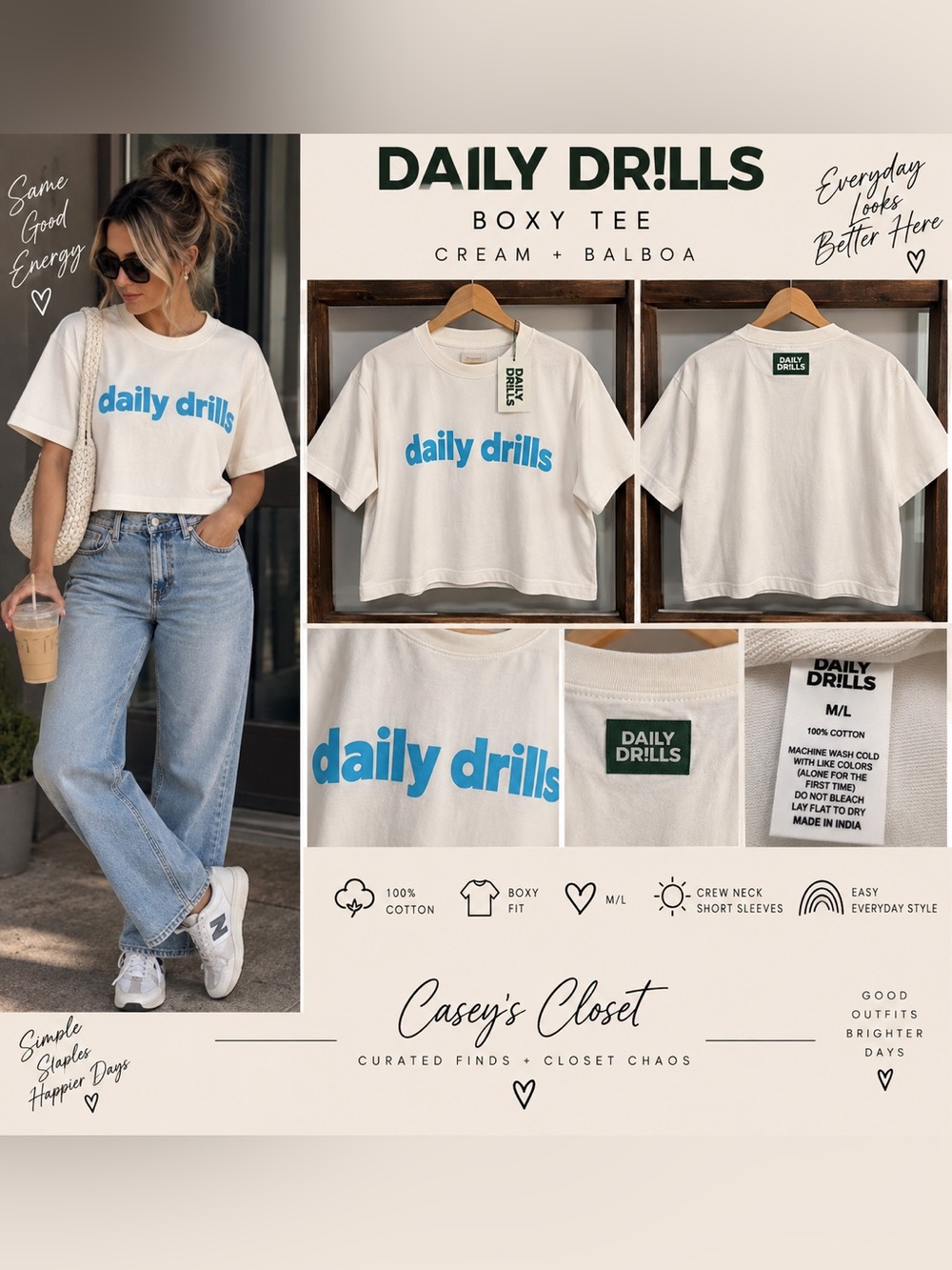 NWT Daily Drills Boxy Tee Cream Balboa Logo M/L